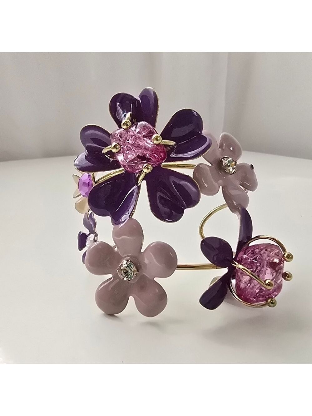 Vintage Enamel Purple Pink Golden Flower Cuff Bracelet